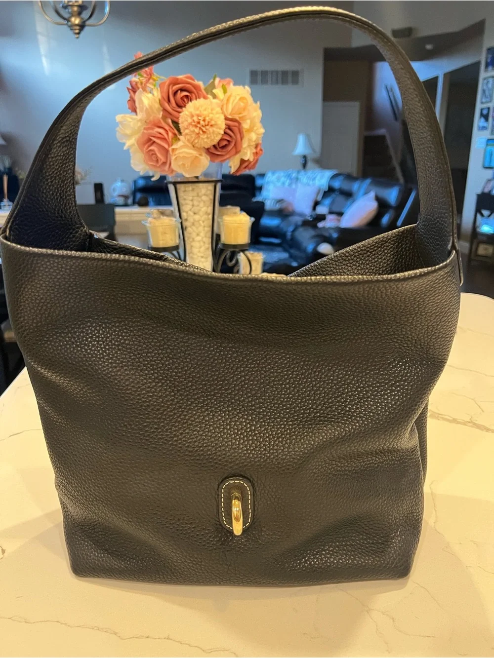 Dooney & Bourke Black Pebbled Leather Shoulder Bag with Gold Hardware